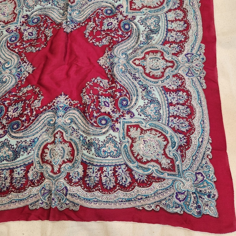 Vintage Silk Scarf Maroon Burgundy Blue Paisley Print Square Neck Scarf 31x31